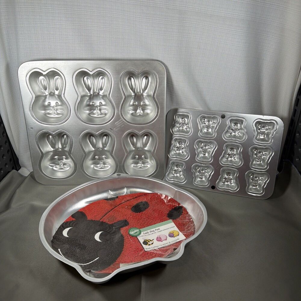 Lot of 3 Wilton Cake Pans Bunny Teddy Bear New Bumblebee/Ladybug Novelty Mold